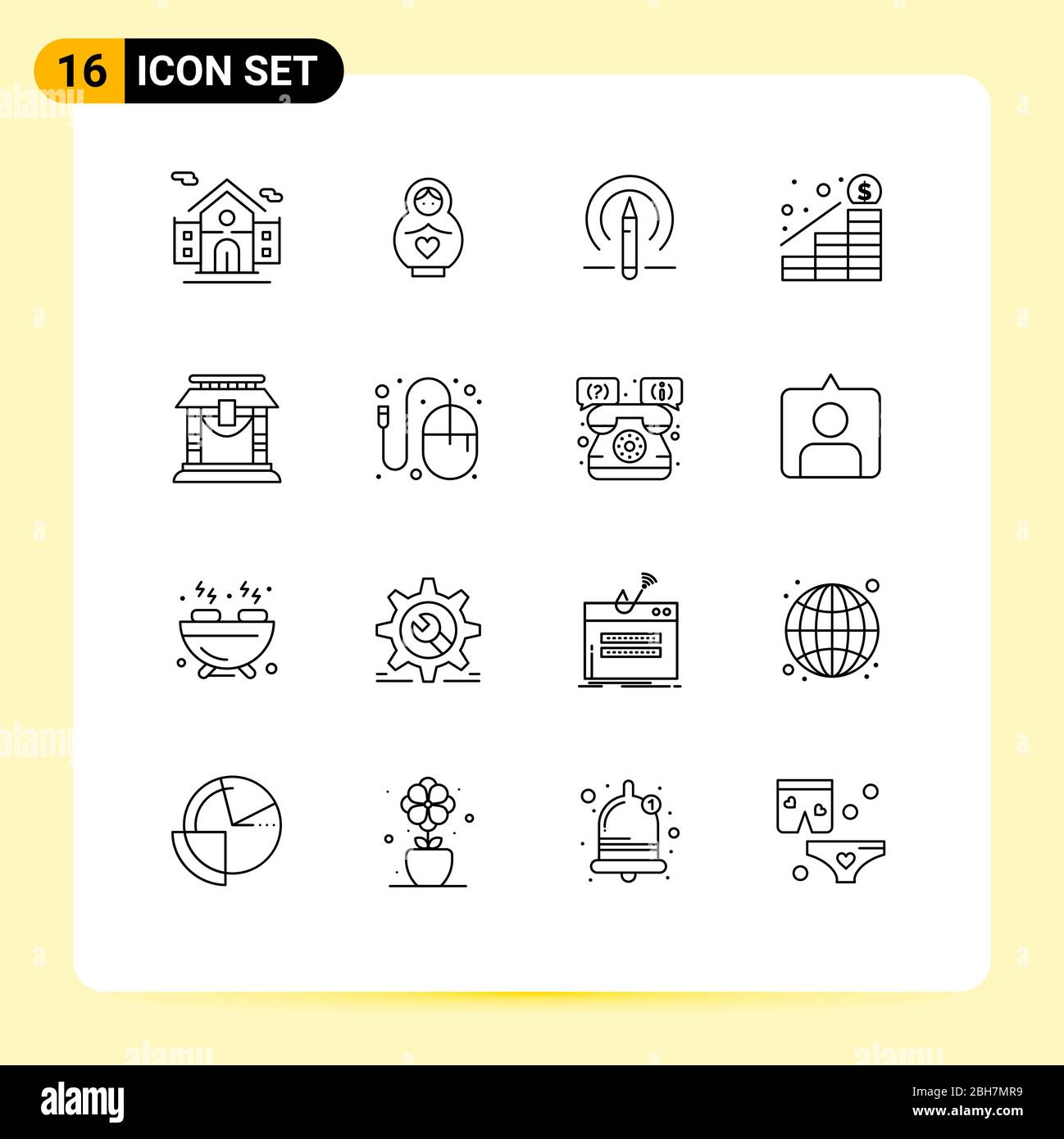 Universal Icon Symbols Groupe de 16 contours modernes de la chine, porte, crayon, argent, augmenter Editable Vector Design Elements Illustration de Vecteur