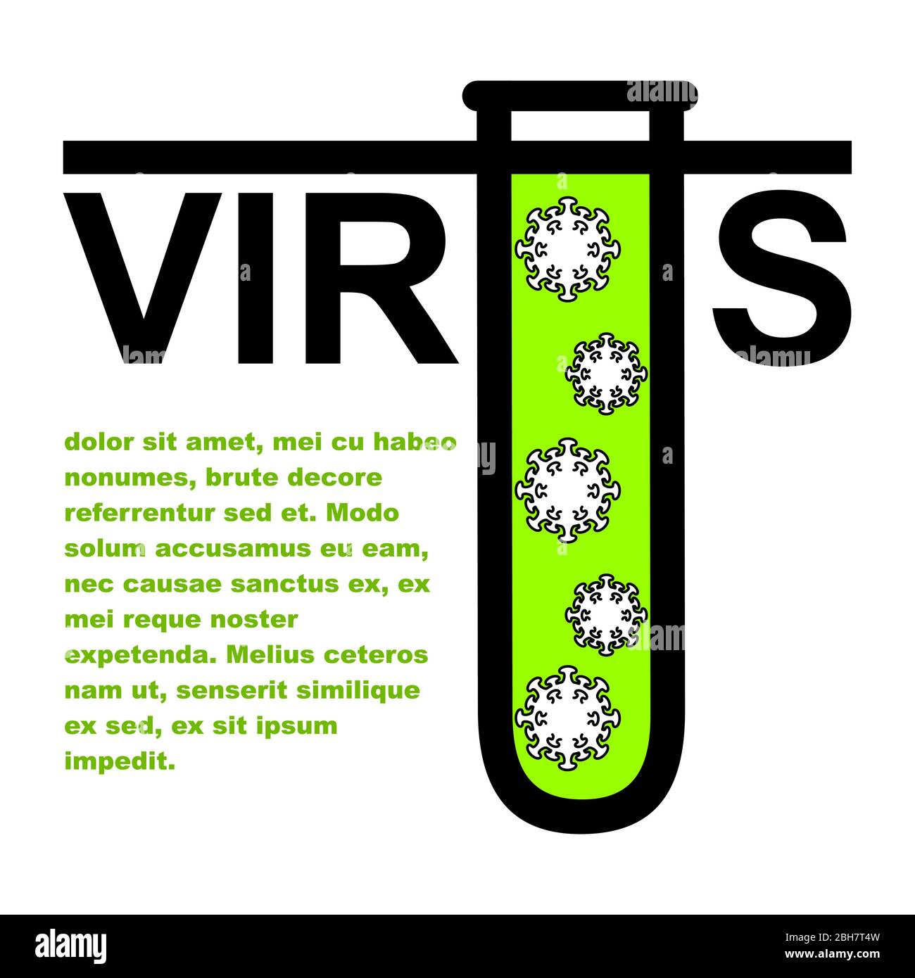 Le mot virus avec une lettre stylisée U sous la forme d'un tube à essai dans lequel le virus est fermé. Illustration d'un article sur le coronavirus, diseas Illustration de Vecteur