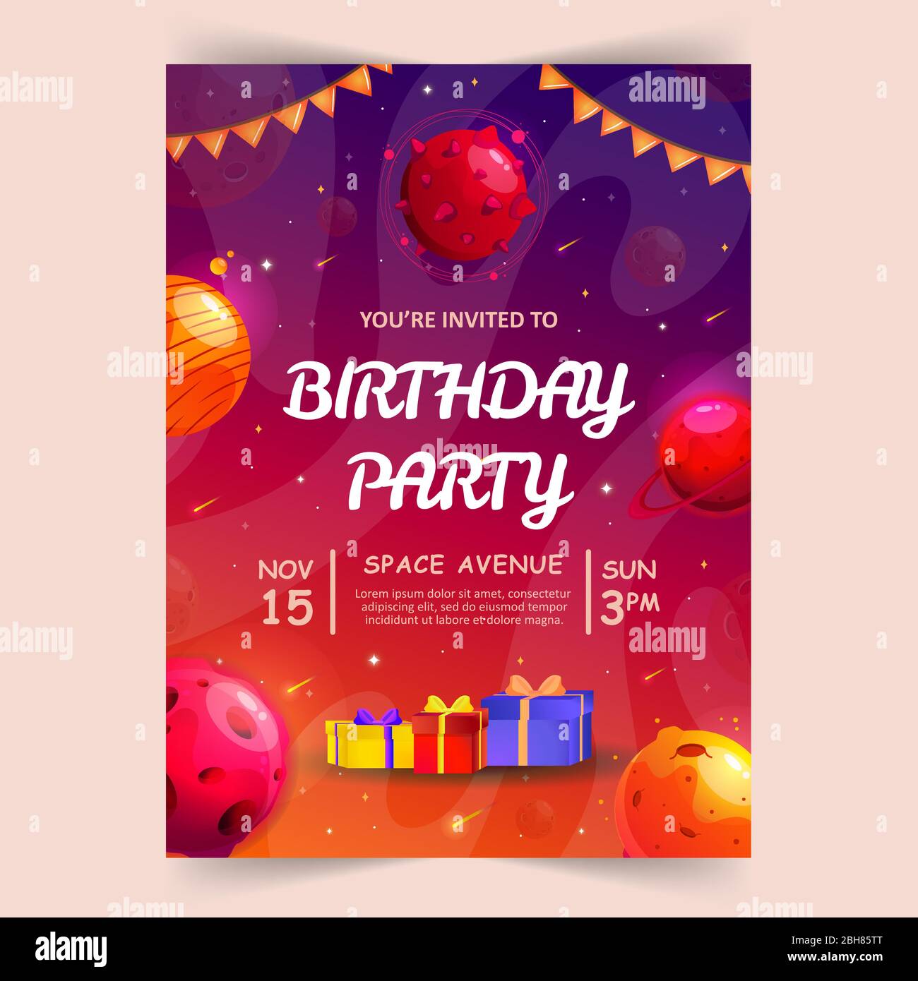 Carte D Invitation Pour Fete D Anniversaire Pour Enfants Avec Petites Planetes Mignonnes Espace Univers Et Fond Du Ciel Illustration Vectorielle Image Vectorielle Stock Alamy