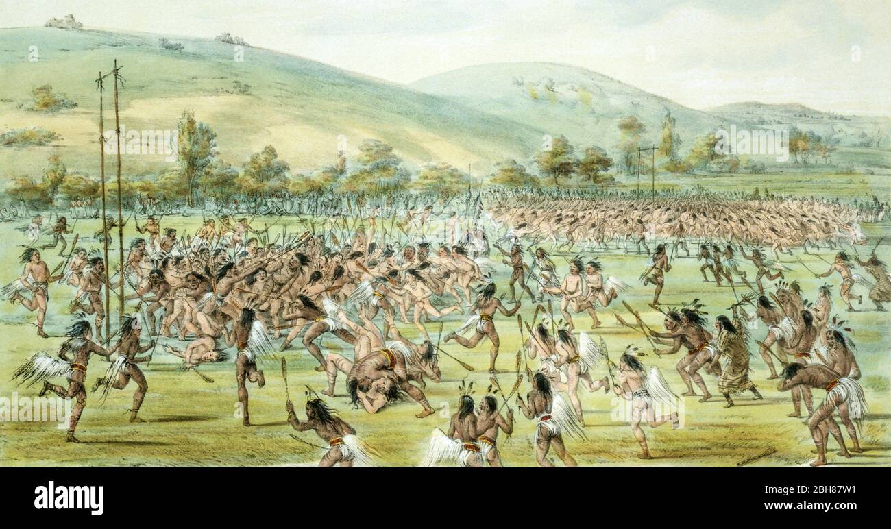 Les hommes et les garçons américains autochtones qui jouent à un jeu de balle semblable à la crosse, près de fort Gibson, Oklahoma. Peinture de George Catlin, c1844. Banque D'Images