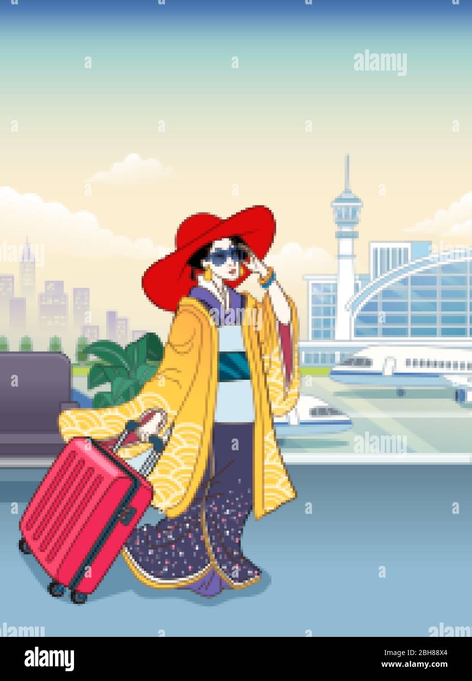 La mode d'aéroport avec une femme de style ukiyo-e portant un kimono, des lunettes de soleil et tirant une valise rouge Illustration de Vecteur