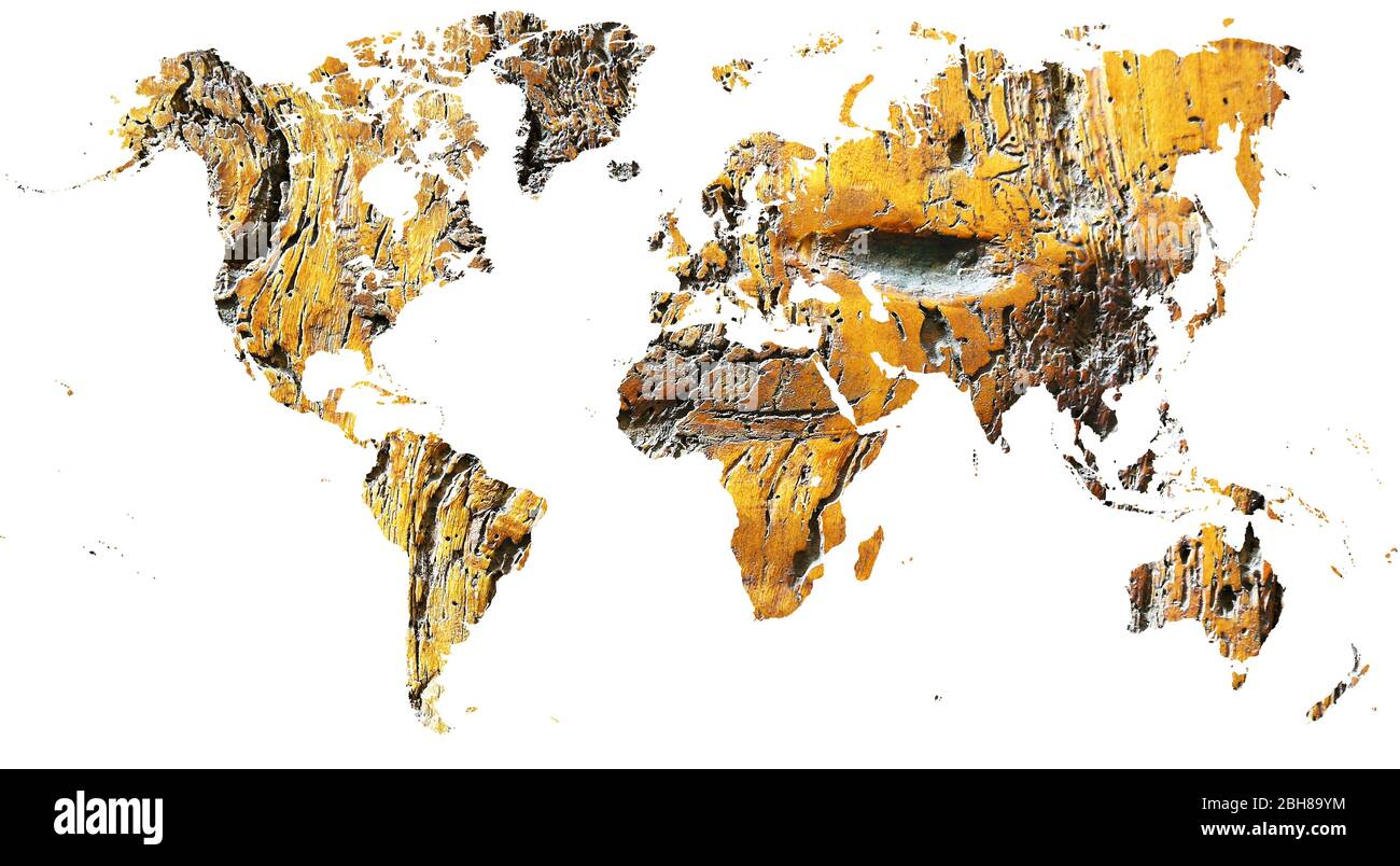 Carte du monde découpée dans le bois de grunge antique Banque D'Images