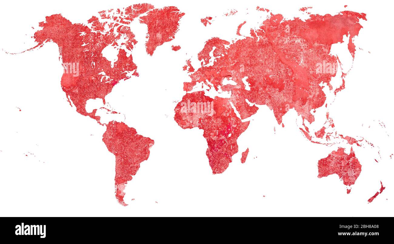 Carte du monde découpée dans le mur rouge de grunge Banque D'Images