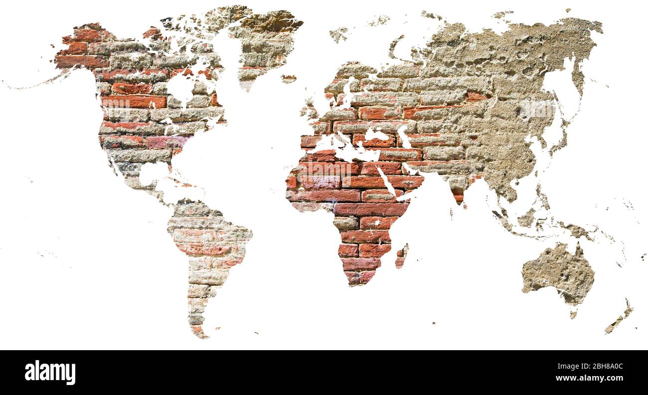 Carte du monde découpée dans les vieilles briques de grunge Banque D'Images