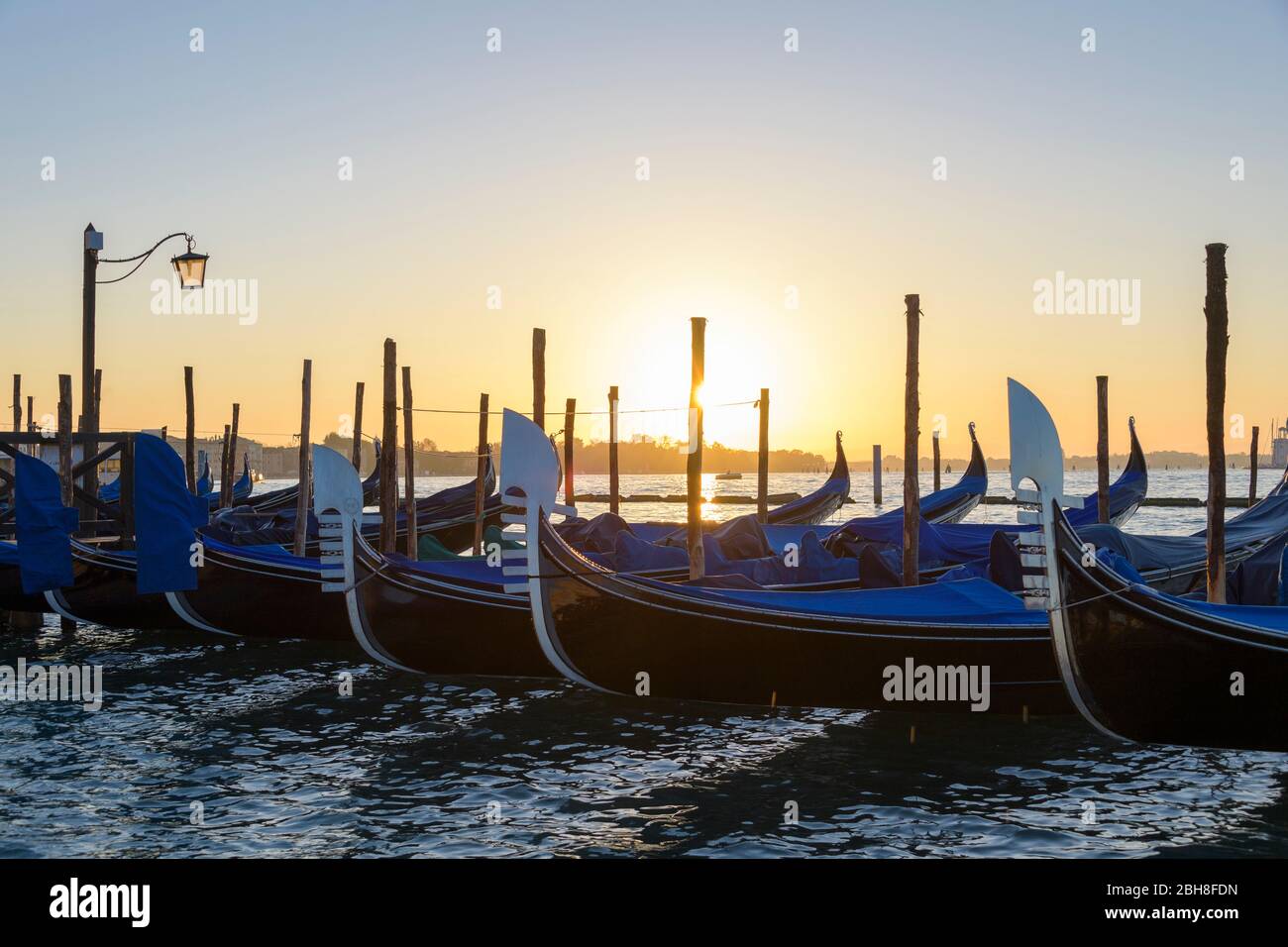 Gondoles sur le Grand Canal au lever du soleil, Venise, Lagune von Venedig, Vénétie, Italie Banque D'Images