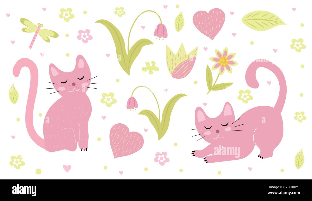 Les chats mignons sont à la main et à l'état plat. Les chatons sont petits. Illustration vectorielle Illustration de Vecteur