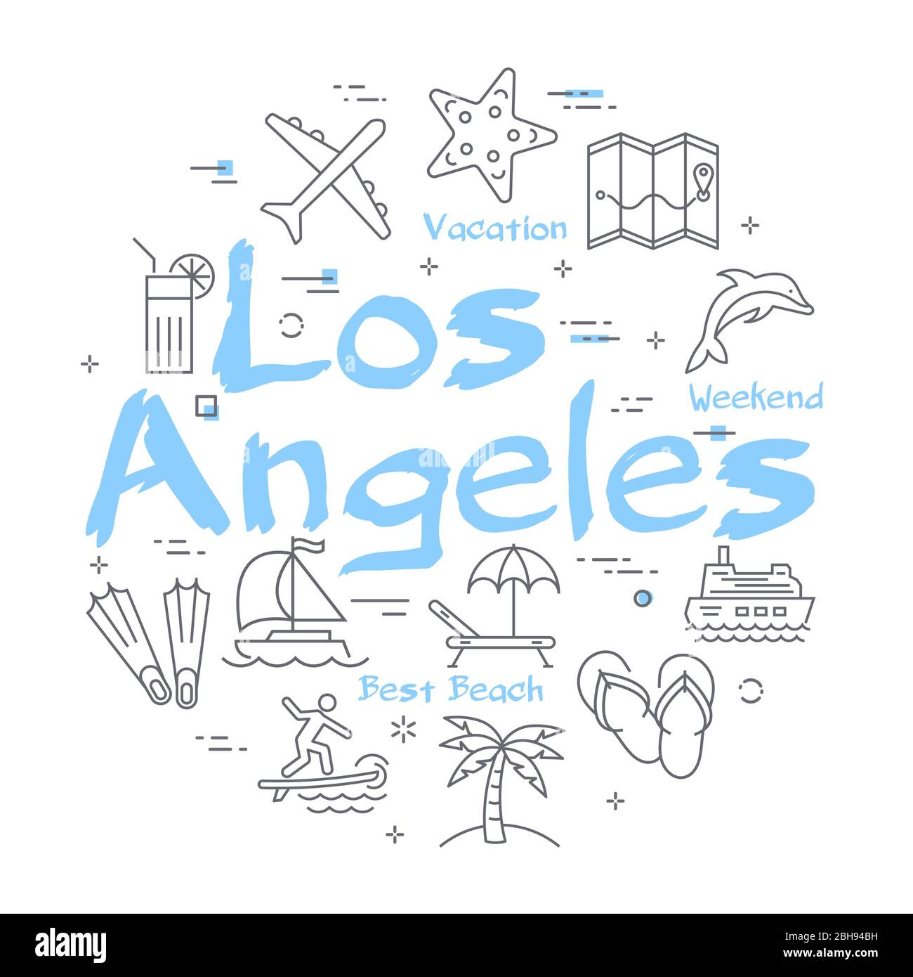 Icônes colorées vectorielles de la bannière de l'heure d'été avec texte Los Angeles Illustration de Vecteur
