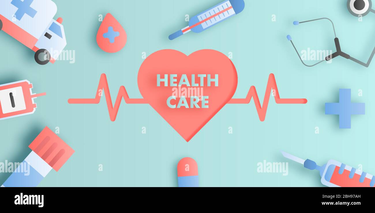 Style artistique en papier des soins de santé et des éléments médicaux avec coeur et électrocardiogramme au centre. Illustration de Vecteur
