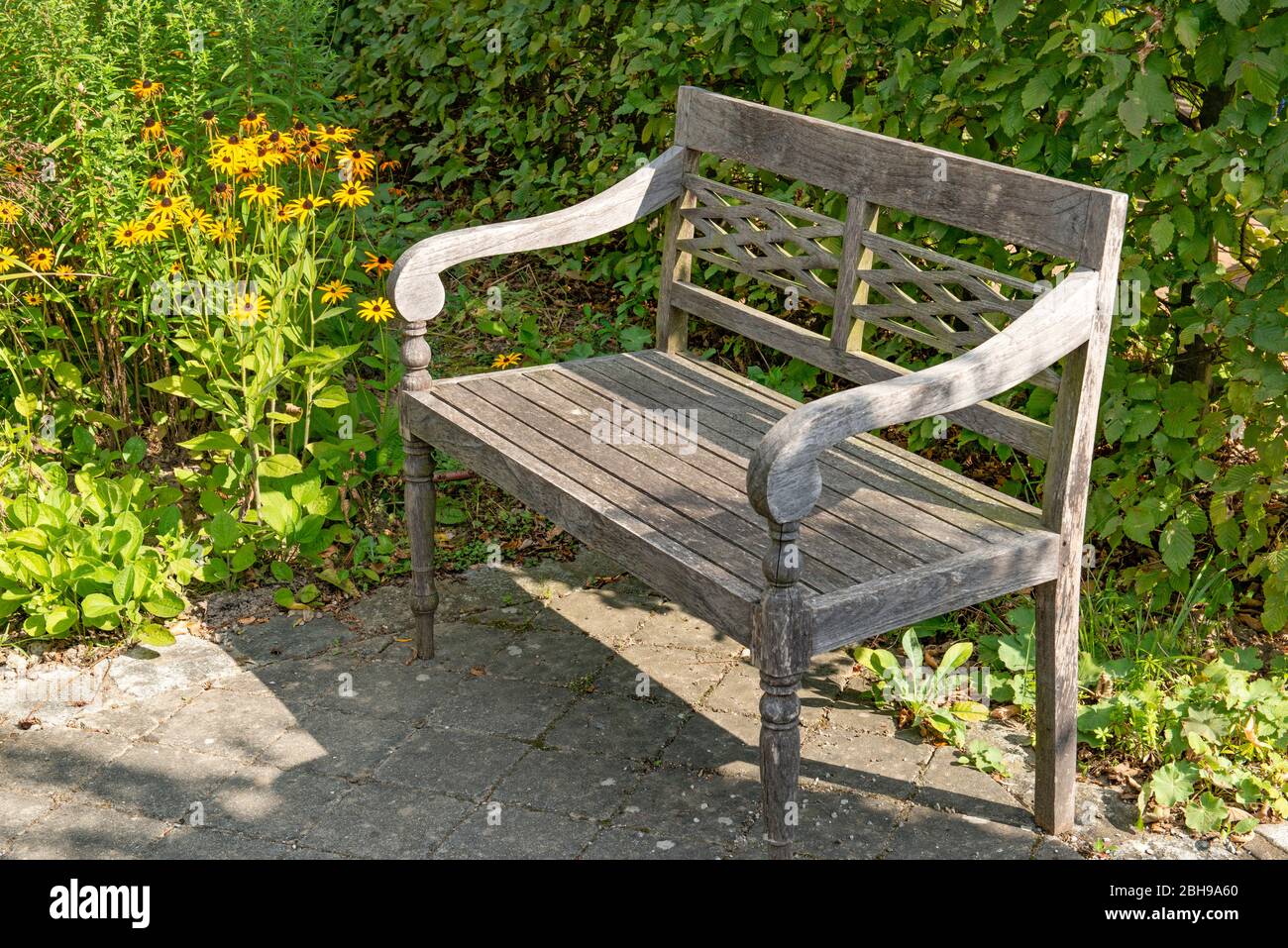 Banc en bois, rustique, jardin, chapeau de soleil, plantes, Basse-Autriche Banque D'Images