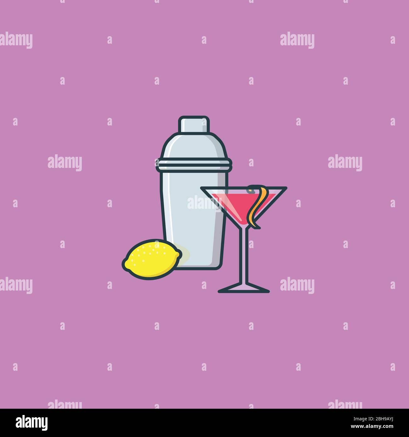 Cocktail cosmopolite, shaker et illustration vectorielle citron pour la journée Cosmopolitzan le 7 mai. Célèbre symbole de couleur de boisson alcoolisée Illustration de Vecteur