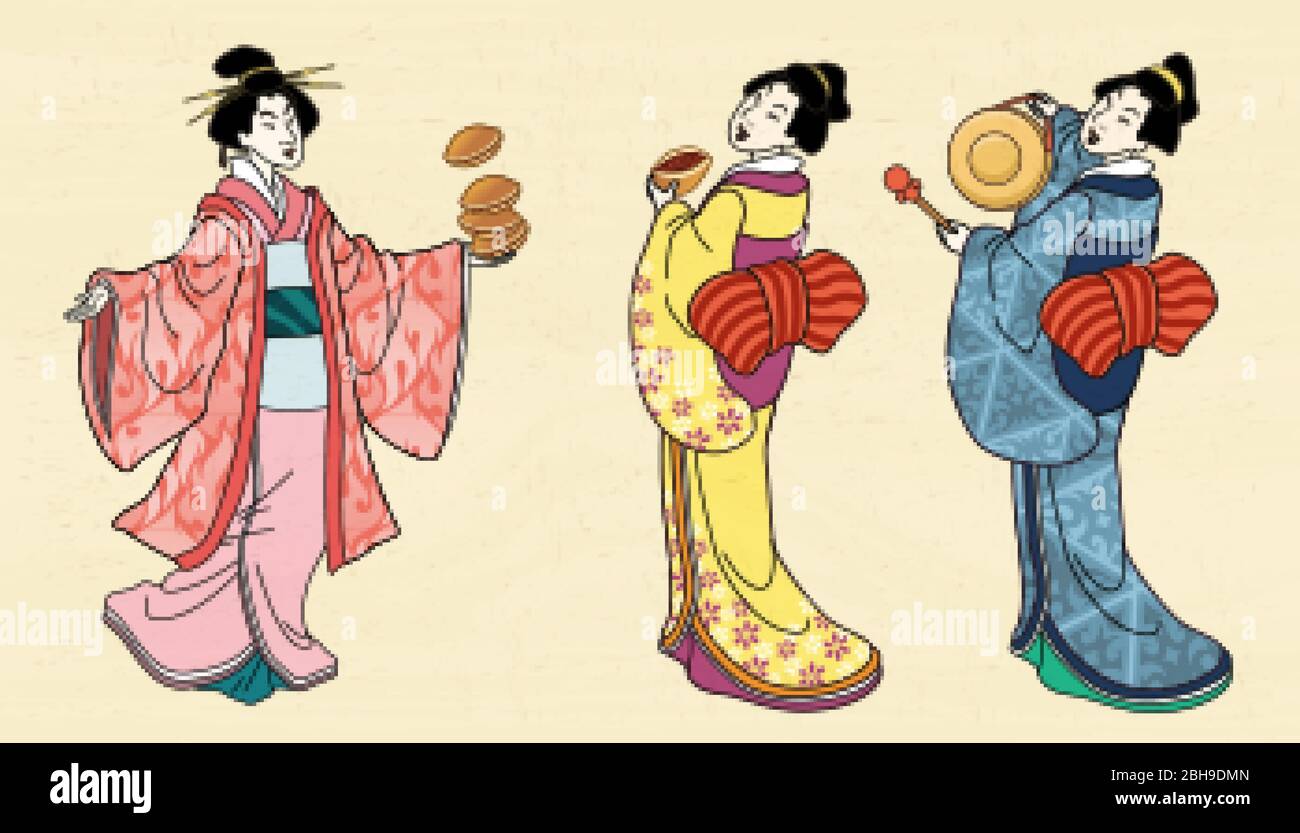 Trois filles dans kimono tenant des gâteaux de haricots rouges et gong, illustration de style ukiyo-e Illustration de Vecteur