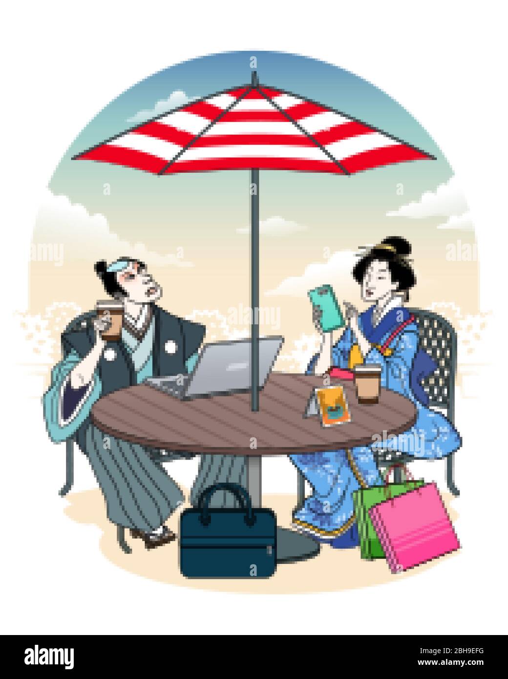 Les personnes d'Ukiyo-e qui ont du café et qui utilisent leur smartphone au café extérieur pendant leur voyage Illustration de Vecteur