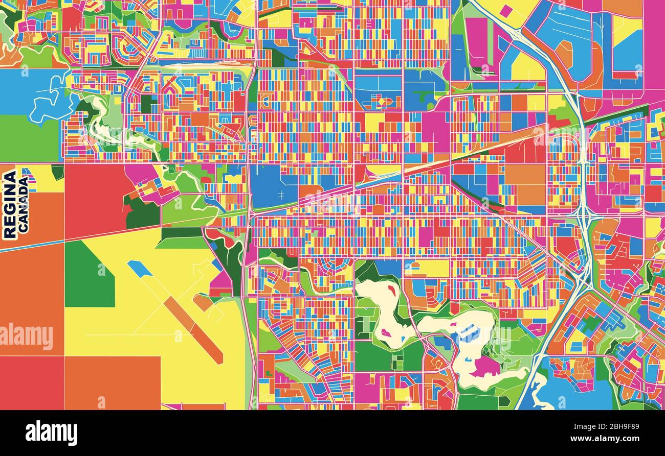 Carte vectorielle colorée de Regina, Saskatchewan, Canada. Modèle de plan artistique pour l'impression automatique d'œuvres d'art murales au format paysage. Illustration de Vecteur