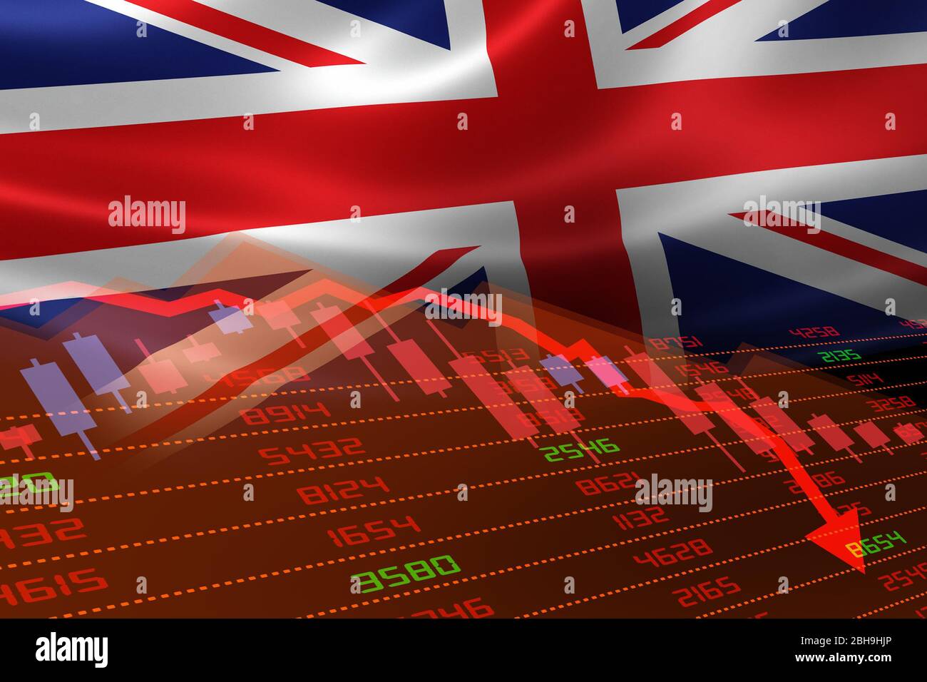 Ralentissement économique britannique avec marché boursier montrant le tableau des actions vers le bas et dans le territoire négatif rouge. La crise des marchés financiers et des affaires se confond Banque D'Images