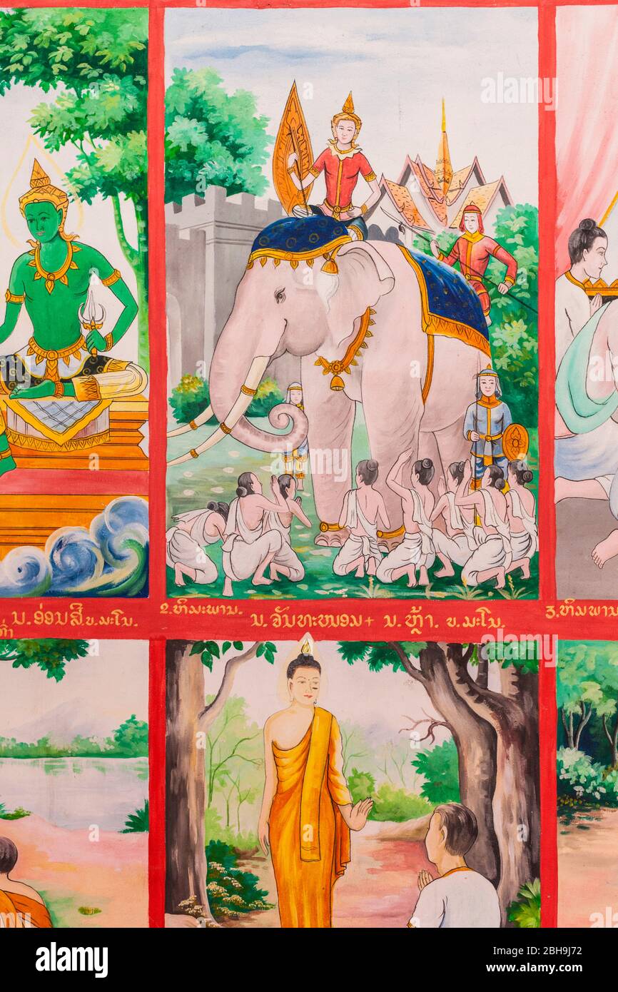 Laos, Luang Prabang, Wat Manoram, intérieur, peintures religieuses Banque D'Images