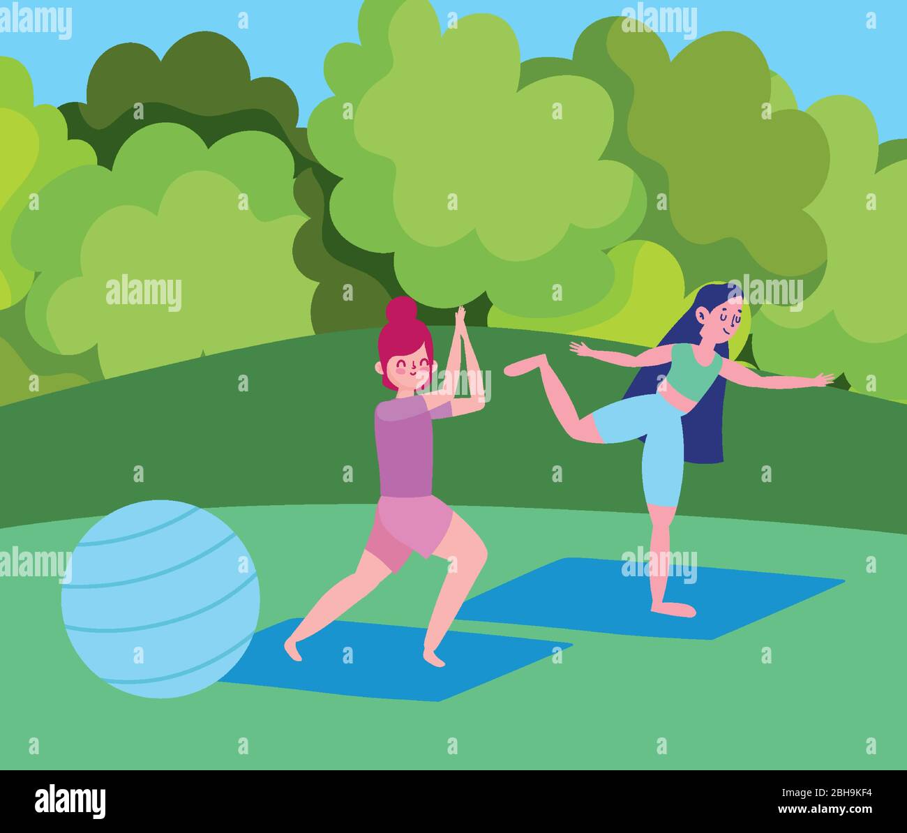 jeunes filles pratiquant le yoga avec ballon dans l'illustration vectorielle de dessin animé du parc Illustration de Vecteur