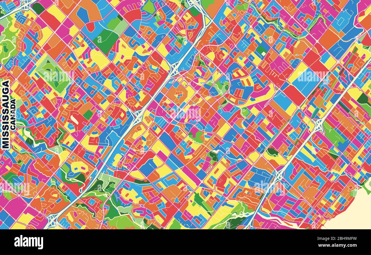 Carte vectorielle colorée de Mississauga, Ontario, Canada. Modèle de plan artistique pour l'impression automatique d'œuvres d'art murales au format paysage. Illustration de Vecteur