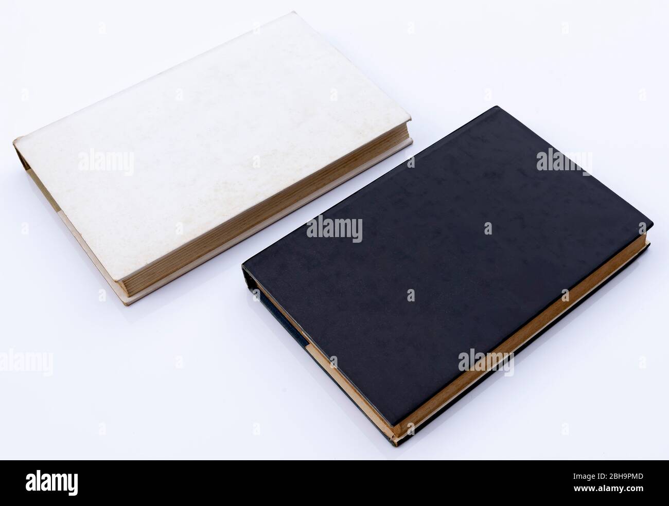 les anciens livres de papier couverture rigide, un blanc et l'autre noir, sont placés sur un fond blanc Banque D'Images