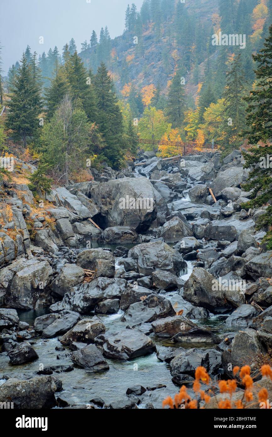 Vue sur le ruisseau rocheux, Rocky Creek Bed, Leavenworth, Washington, États-Unis Banque D'Images