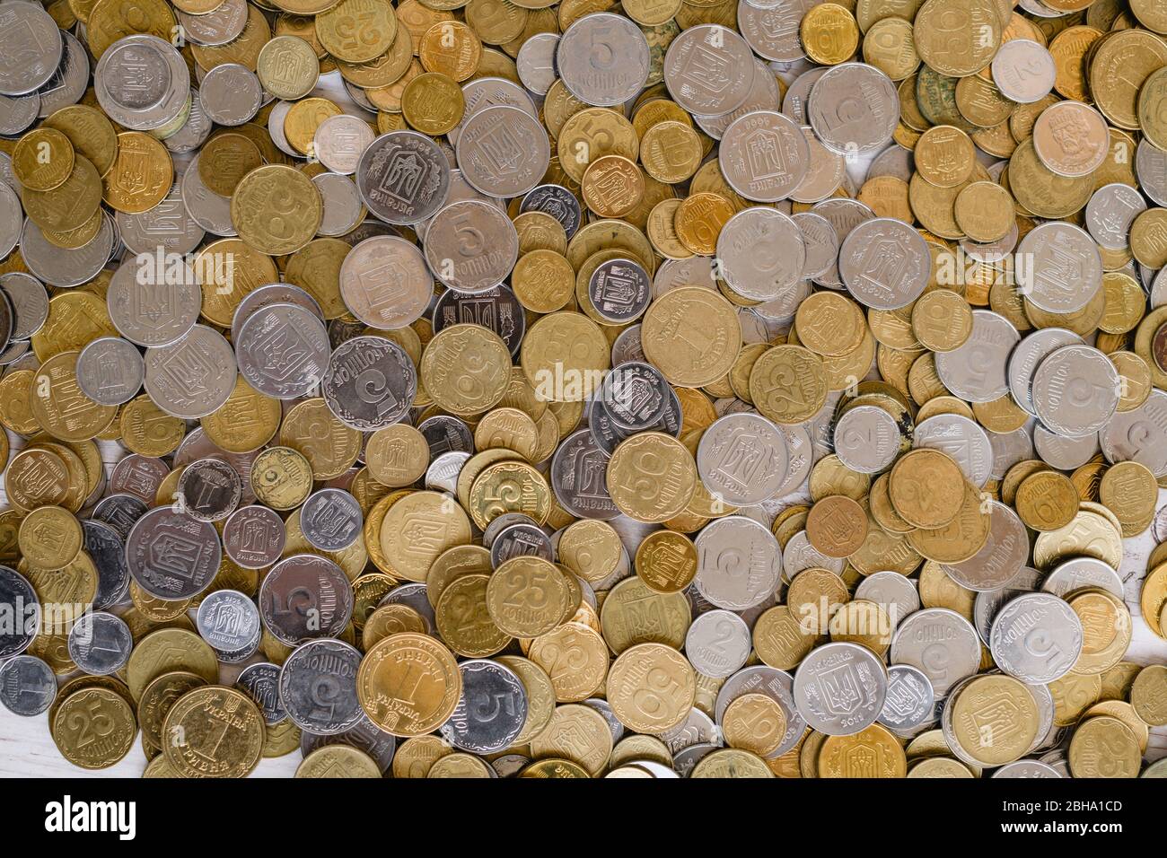 Monnaie de l'Ukraine sur la table, collection de pièces d'or et d'argent hryvnia, économies pour les périodes difficiles de crise économique Banque D'Images