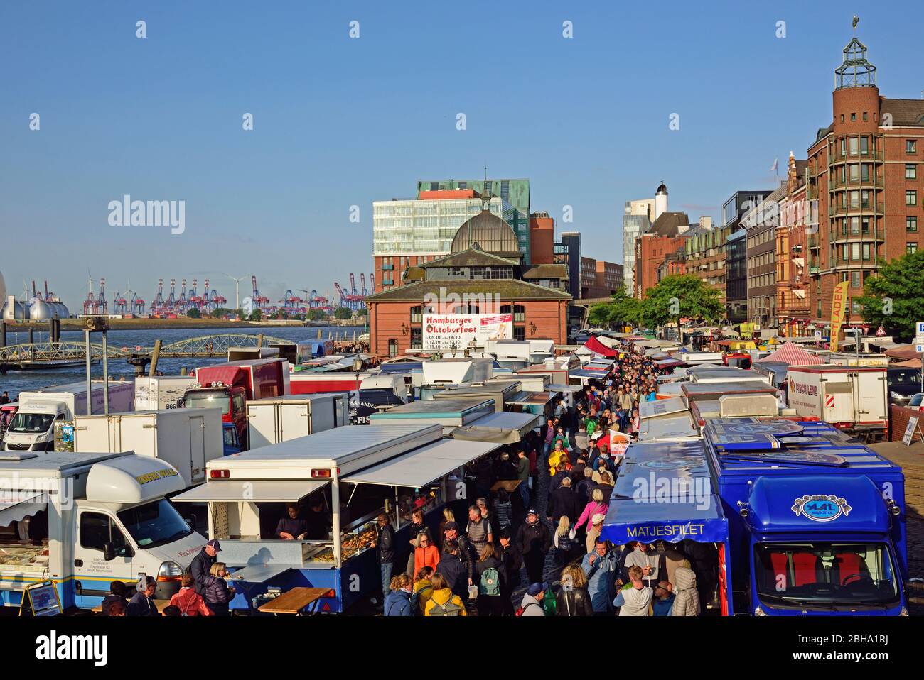 Europe, Allemagne, Hambourg, St. Pauli, Elbe, marché du poisson, dimanche, stand, visiteurs du marché, dans le port et les chantiers navals Banque D'Images