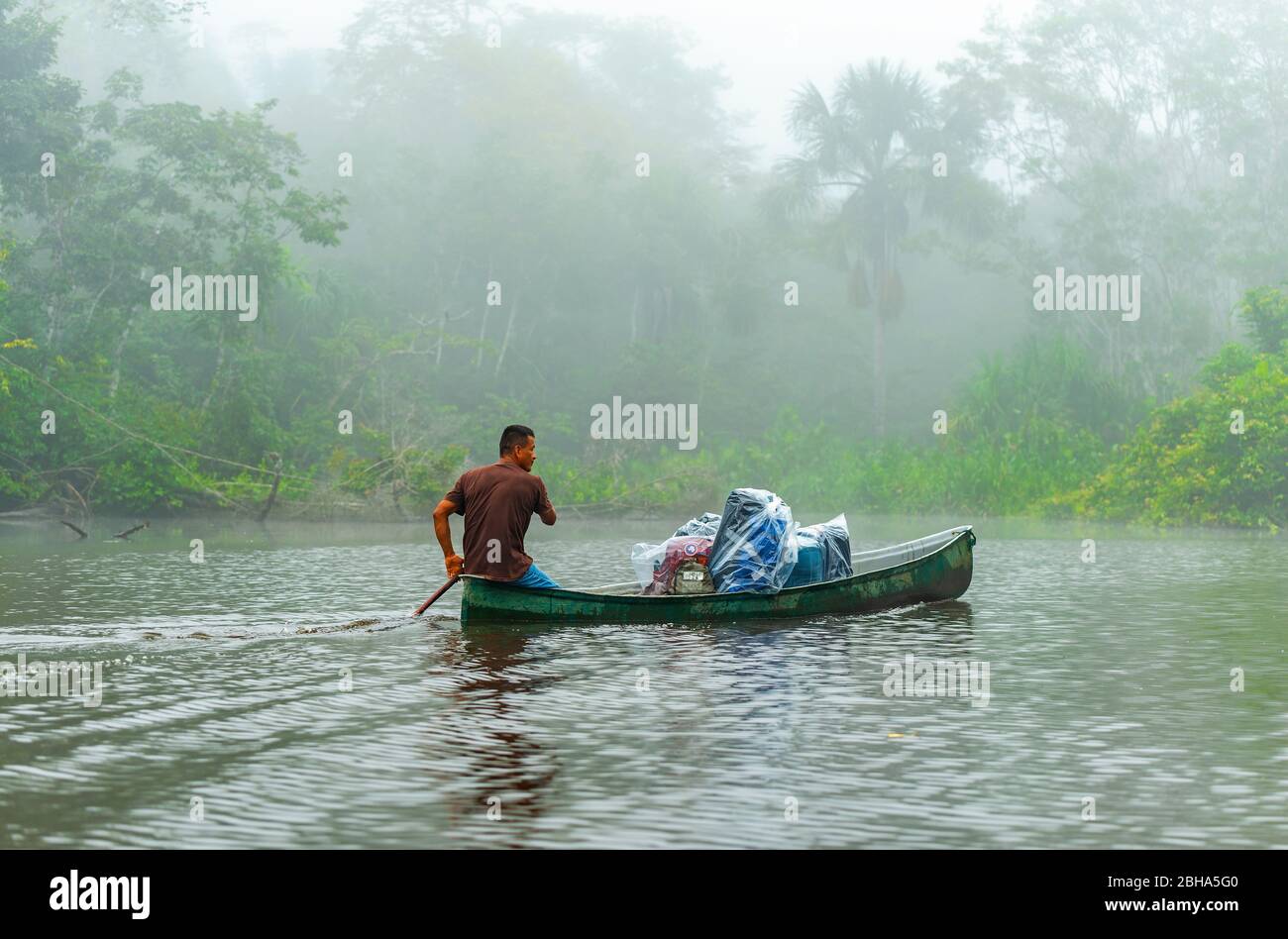 Transport de bagages en canoë dans la forêt tropicale d'Amazone, parc national de Yasuni, Équateur. Banque D'Images