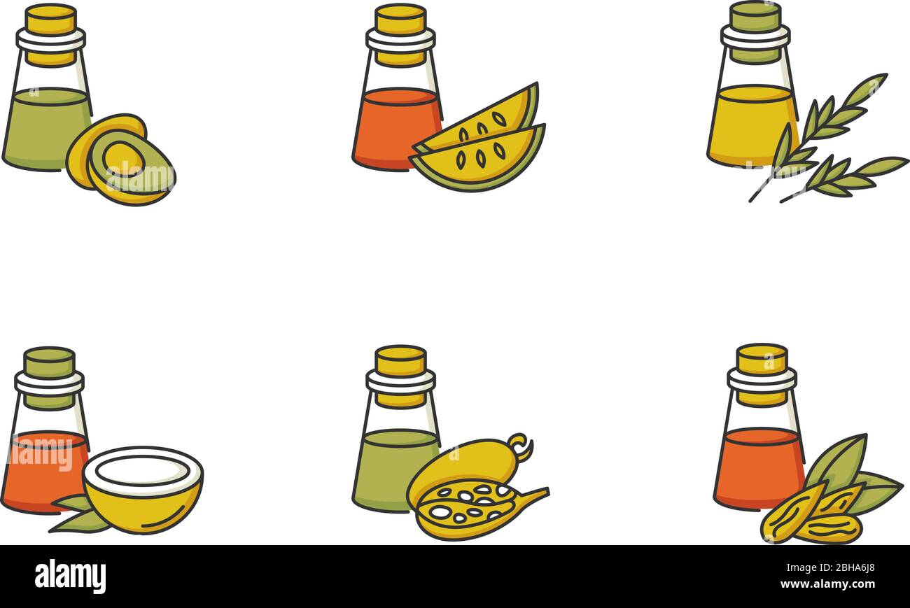 Huiles capillaires jeu d'icônes de couleur RVB. Ingrédient avocat pour produit cosmétique. Essence d'amande pour les soins de la coiffure. Extrait de graines de melon Kalahari. Dermatologie Illustration de Vecteur