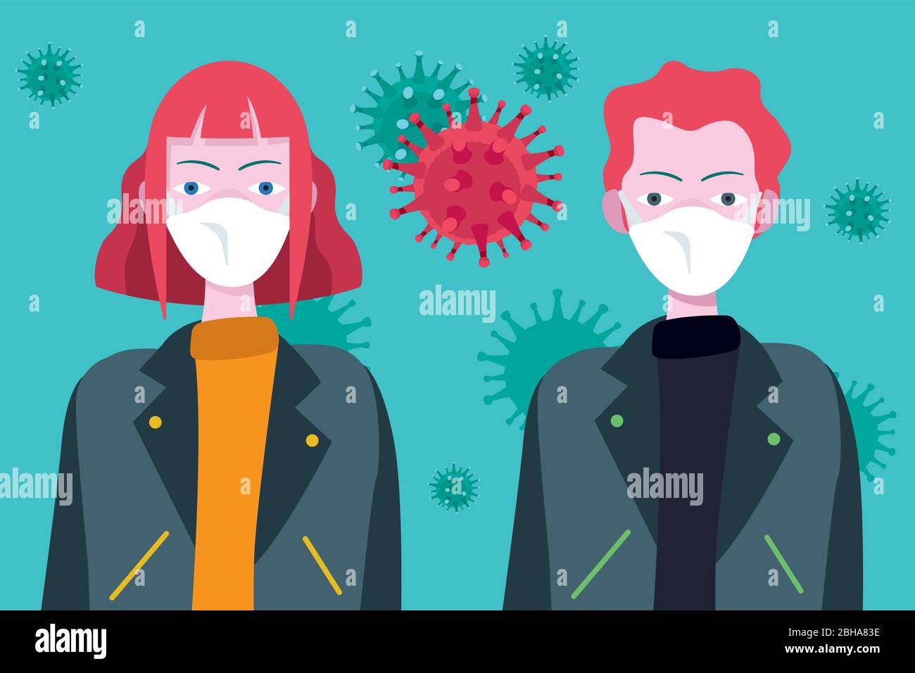 Les jeunes portent des masques pour se protéger des symptômes du coronavirus et du virus épidémique. Illustration vectorielle. Illustration de Vecteur