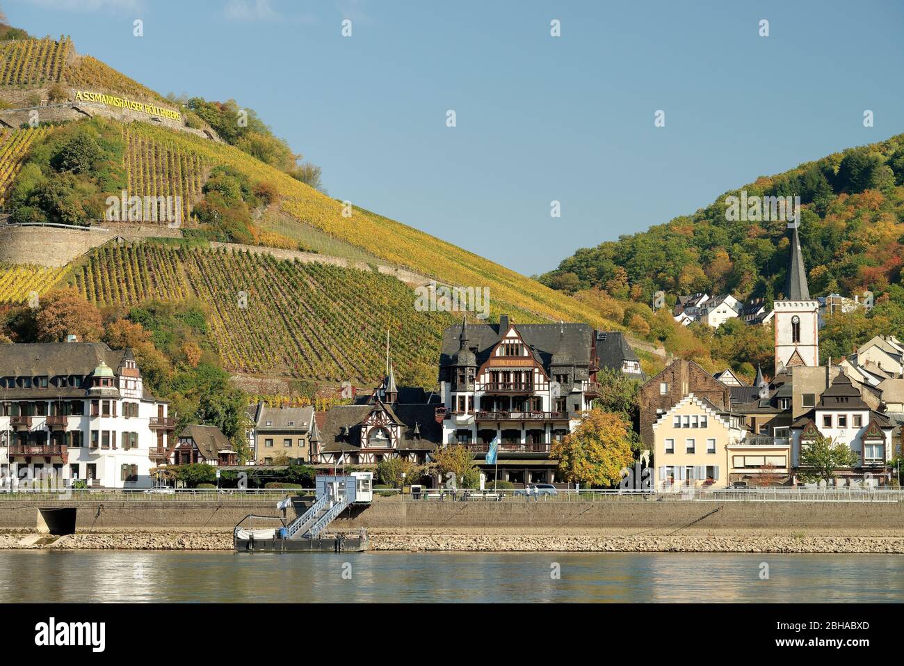 Vue sur Assmannshausen, district de Bingen am Rhein, site classé au patrimoine mondial Haute-vallée du Rhin moyen, Hesse, Allemagne Banque D'Images