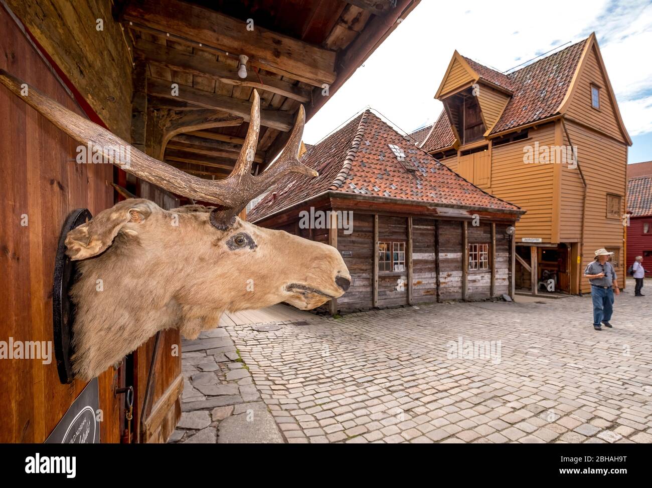 L'orignal en bois se dirige sur un mur de maison en bois avec un auvent sur un chemin pavé sur la promenade touristique de Bryggen, Bergen, Hordaland, Norvège, Scandinavie, Europe Banque D'Images