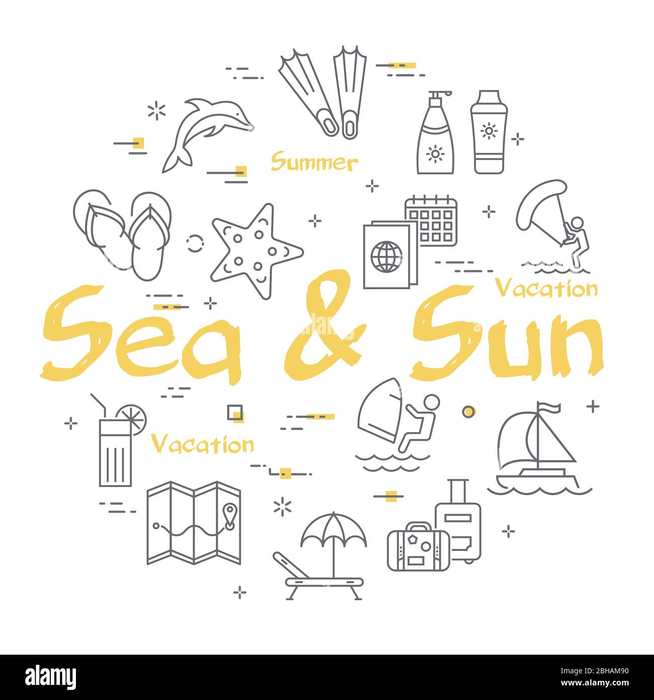 Icônes colorées vectorielles de la bannière de l'heure d'été avec texte Sea et Sun Illustration de Vecteur