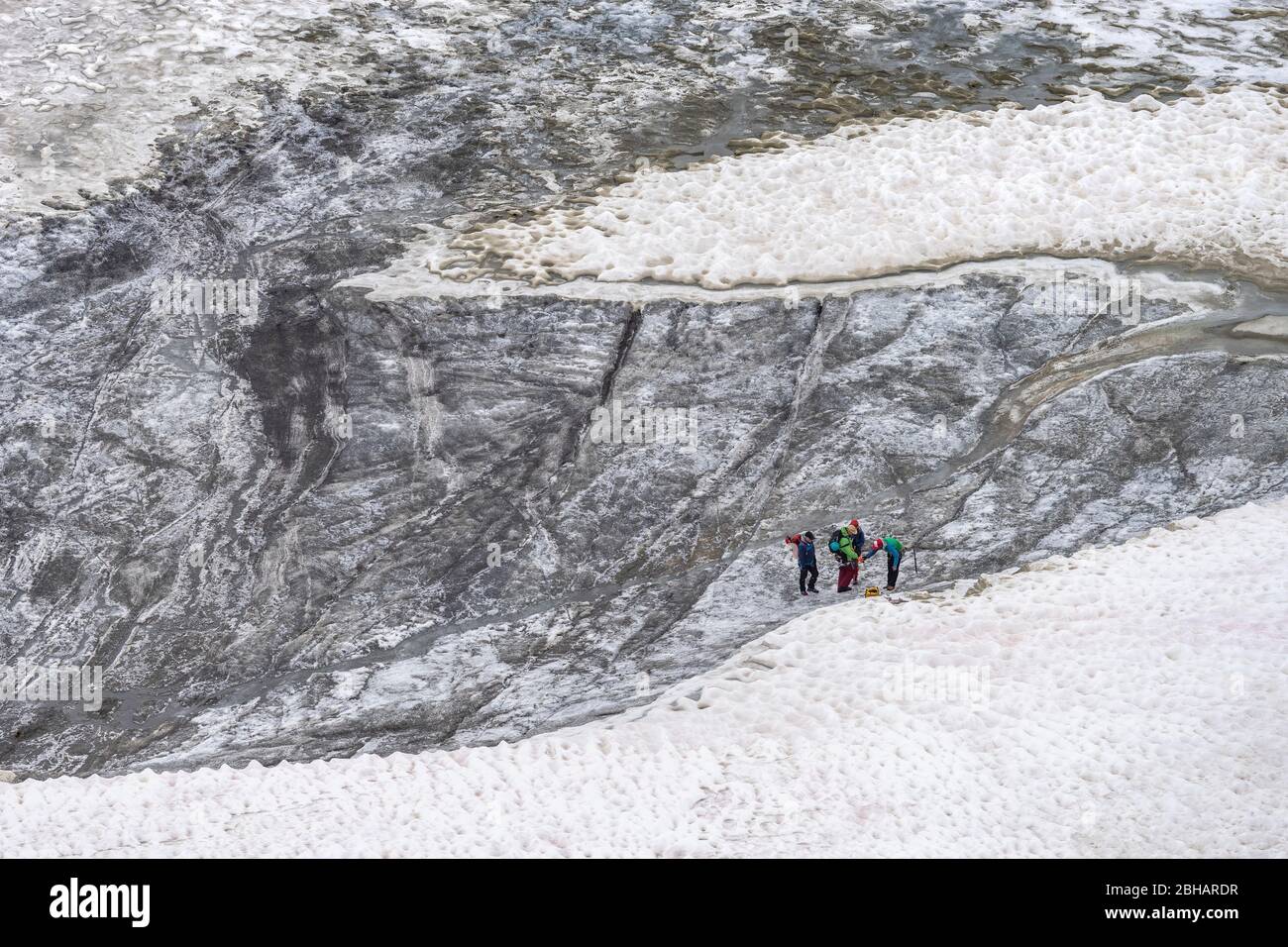 Europe, Autriche, Tyrol, Alpes de l'Ötztaler, vent, guide de montagne avec groupe sur le Kesselwandferner sous la Brandenburger Haus pendant les exercices de sécurité Banque D'Images