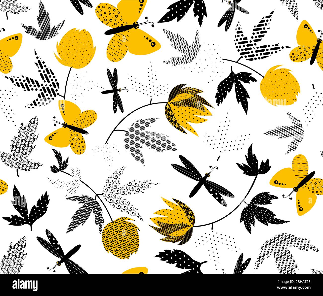 Fleurs sauvages et papillons jaunes. Motif libellule sur fond blanc. Bordure de cercle fleurie d'été. Patch d'illustration vectorielle pour wrapper Illustration de Vecteur
