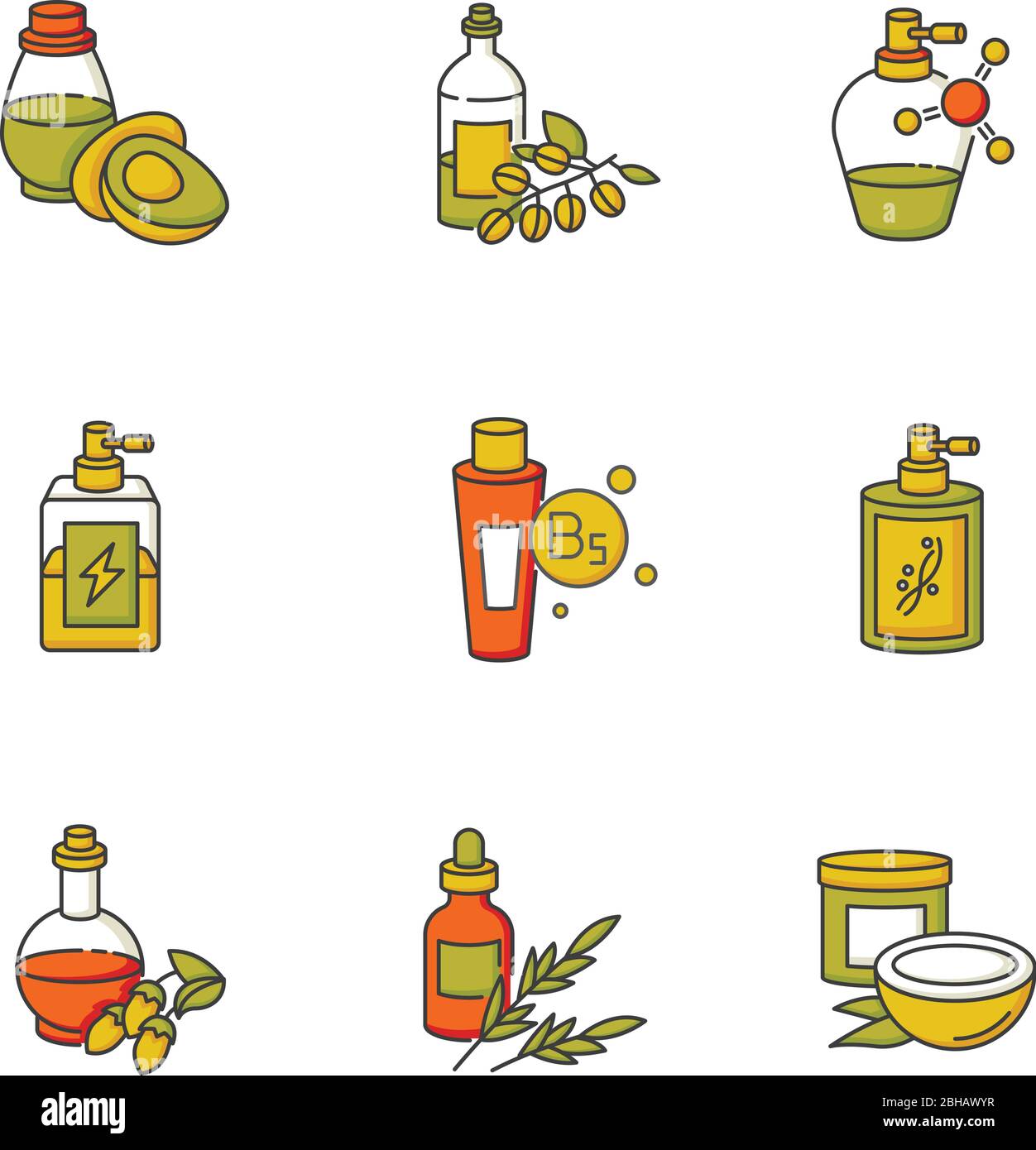 Huiles capillaires jeu d'icônes de couleur RVB. Masque cosmétique noix de coco dans le pot. Panthénol de B5 dans le tube. Antistatique et silicium liquide. Formule chimique de kératine pour Illustration de Vecteur