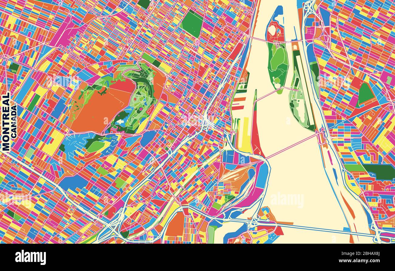 Carte vectorielle colorée de Montréal, Québec, Canada. Modèle de plan artistique pour l'impression automatique d'œuvres d'art murales au format paysage. Illustration de Vecteur