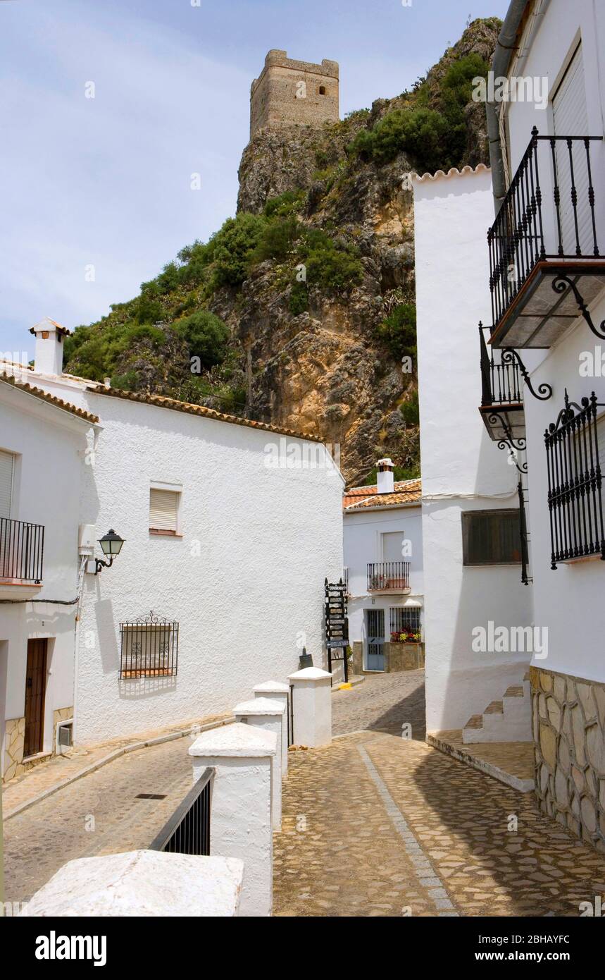 Espagne, Andalousie, Zahara de la Sierra, petite allée fleurie Banque D'Images