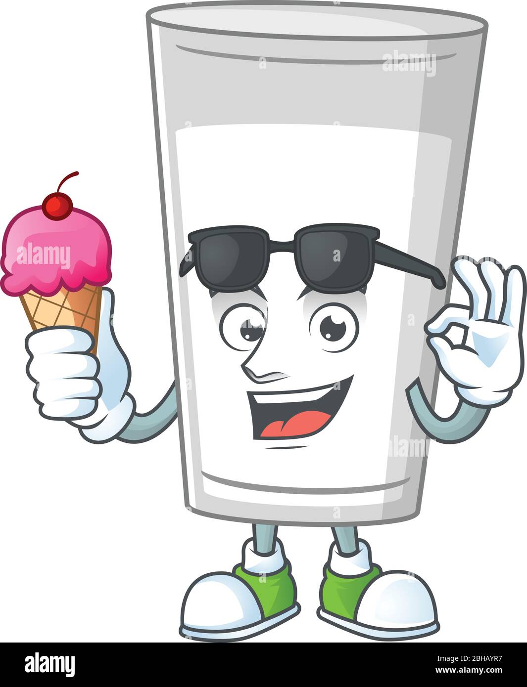 Un joli verre de personnage de dessin animé au lait, qui profite d'une glace Illustration de Vecteur