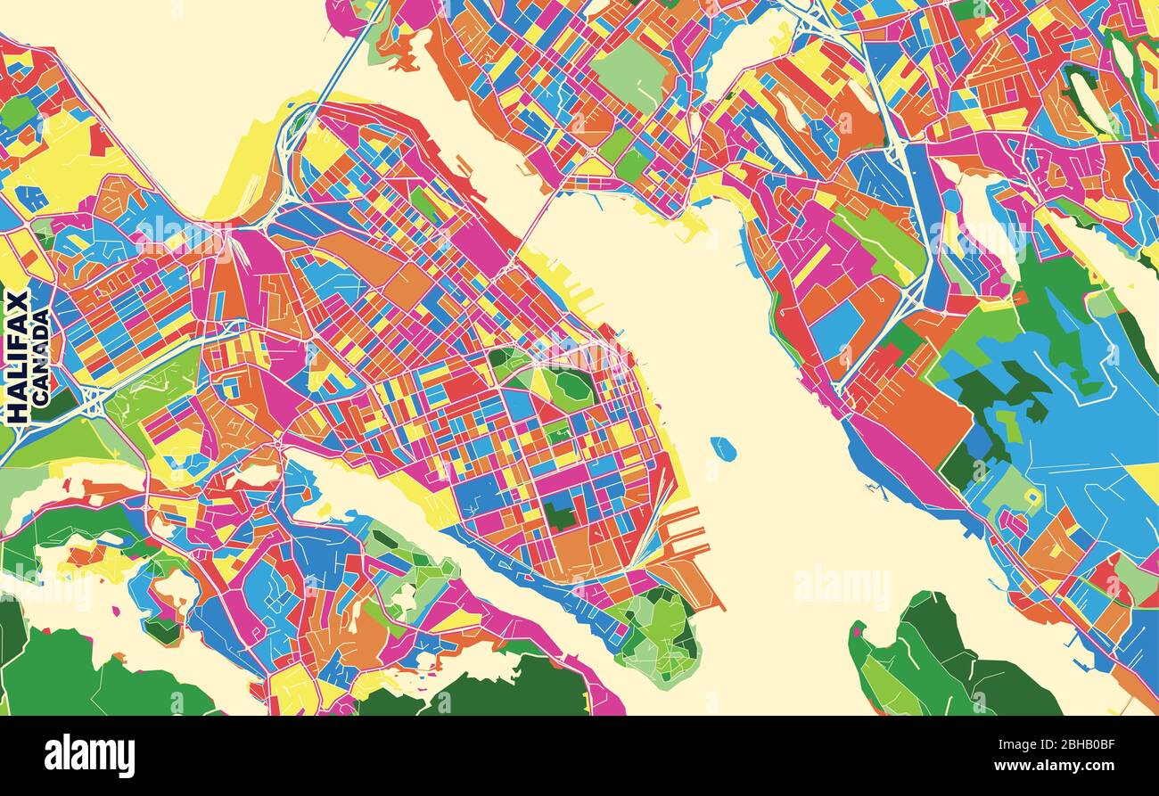 Carte vectorielle colorée de Halifax, Nouvelle-Écosse, Canada. Modèle de plan artistique pour l'impression automatique d'œuvres d'art murales au format paysage. Illustration de Vecteur