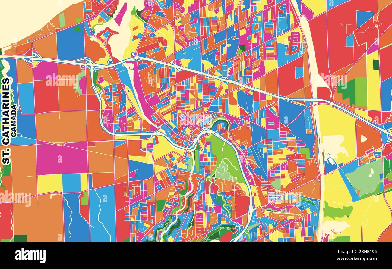 Carte vectorielle colorée de St. Catharines, Ontario, Canada. Modèle de plan artistique pour l'impression automatique d'œuvres d'art murales au format paysage. Illustration de Vecteur