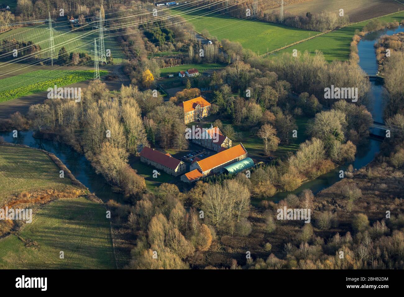 Vue aérienne, château d'Uentrop avec zone dénaturée de la lèvre, percée de Lippe, Zollstrasse, Uentrop, Hamm, Ruhr, Rhénanie-du-Nord-Westphalie, Allemagne Banque D'Images