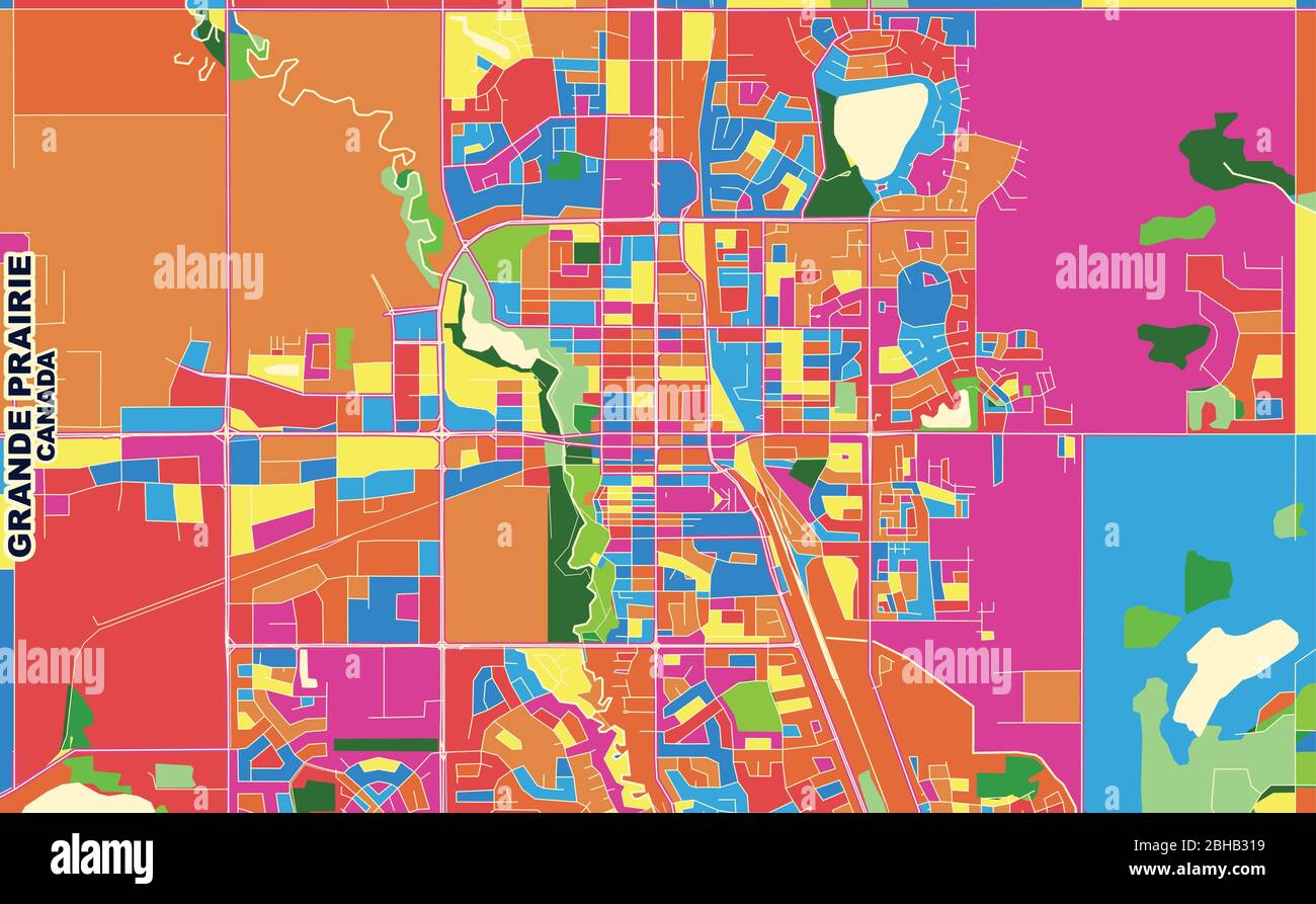 Carte vectorielle colorée de Grande Prairie, Alberta, Canada. Modèle de plan artistique pour l'impression automatique d'œuvres d'art murales au format paysage. Illustration de Vecteur