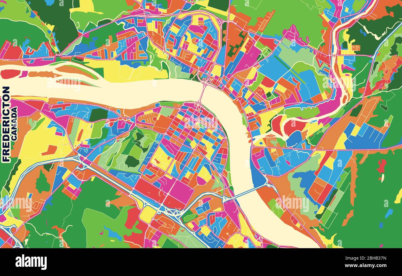 Carte vectorielle colorée de Fredericton, Nouveau-Brunswick, Canada. Modèle de plan artistique pour l'impression automatique d'œuvres d'art murales au format paysage. Illustration de Vecteur