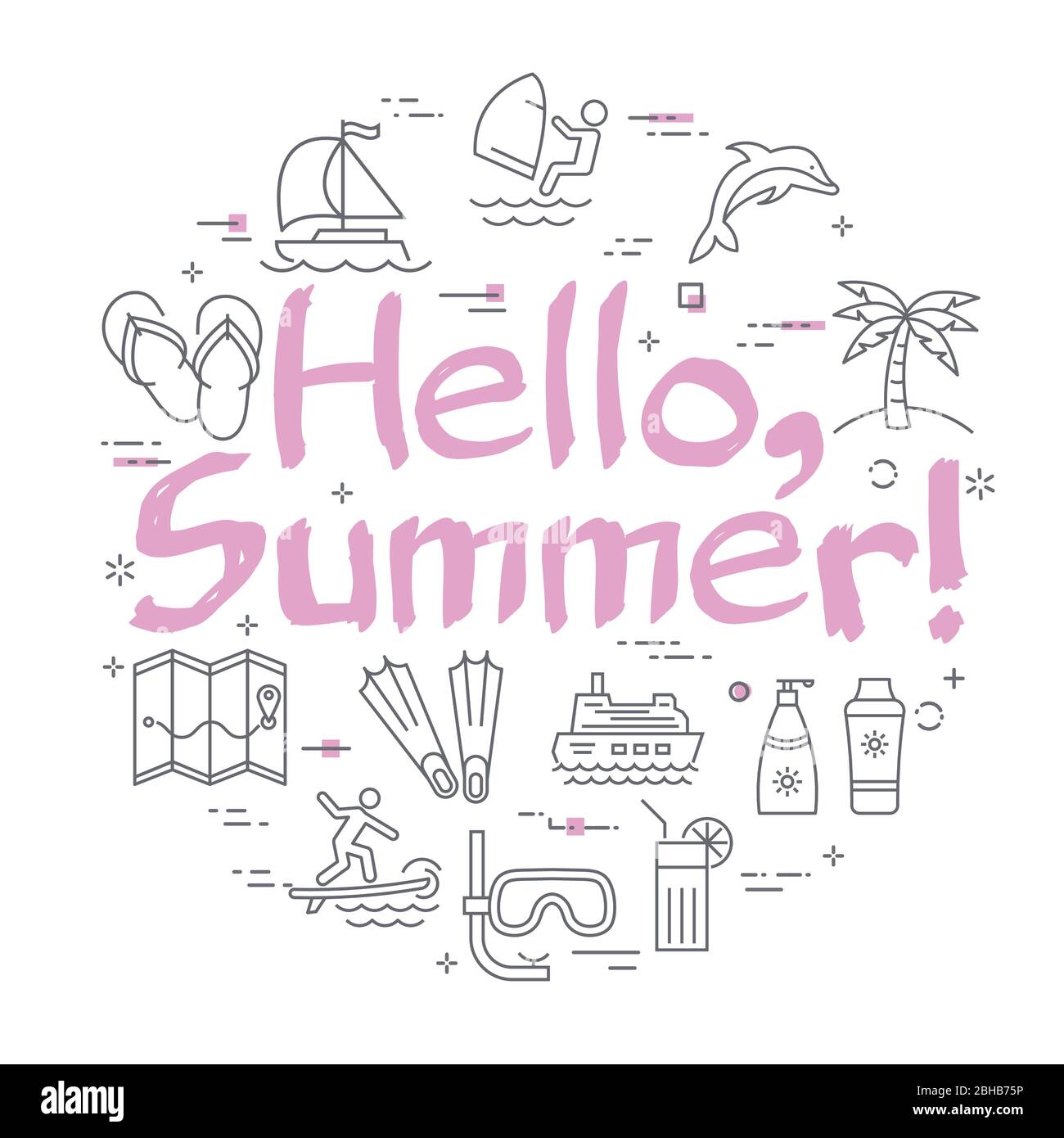 Vecteur icônes colorées de la bannière de l'heure d'été avec texte Bonjour été Illustration de Vecteur