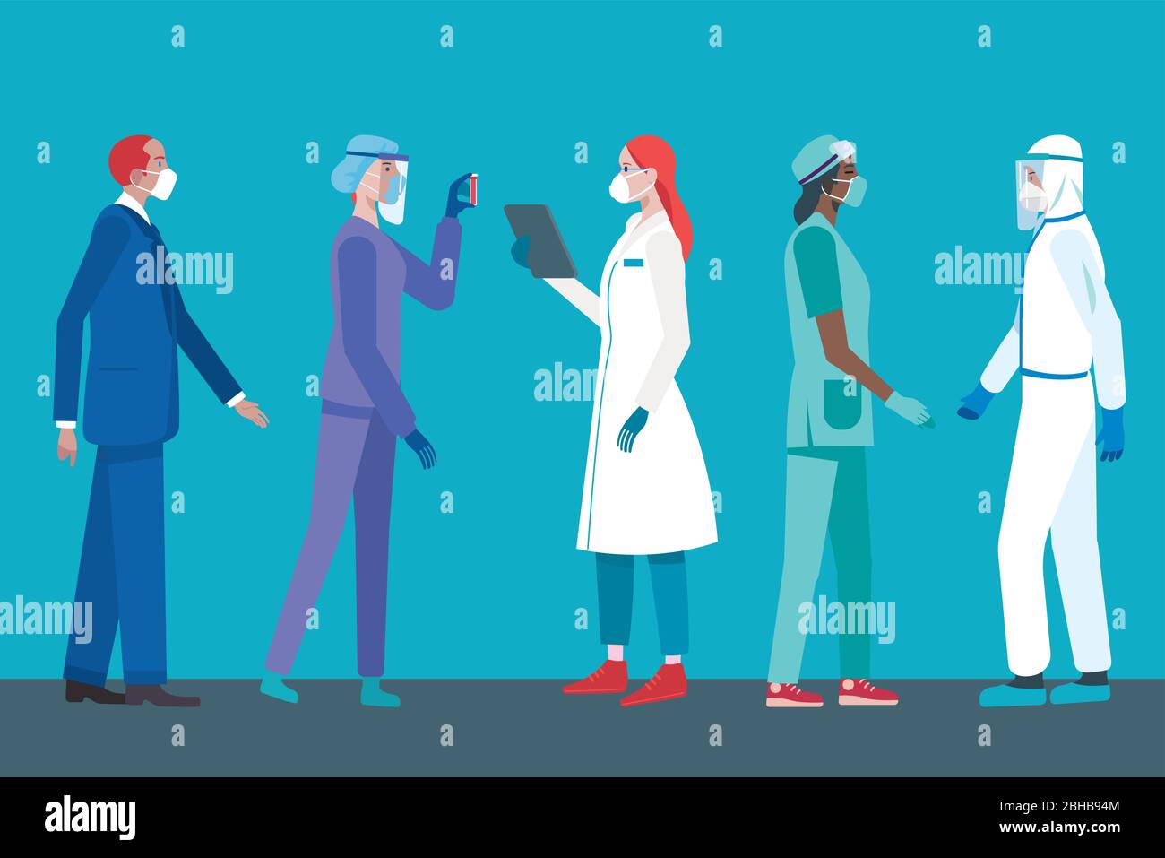 Équipe de médecins ou infirmières femmes et hommes portant différents équipement de protection individuelle pour travailler dans un hôpital luttant contre le covid-19 Illustration de Vecteur