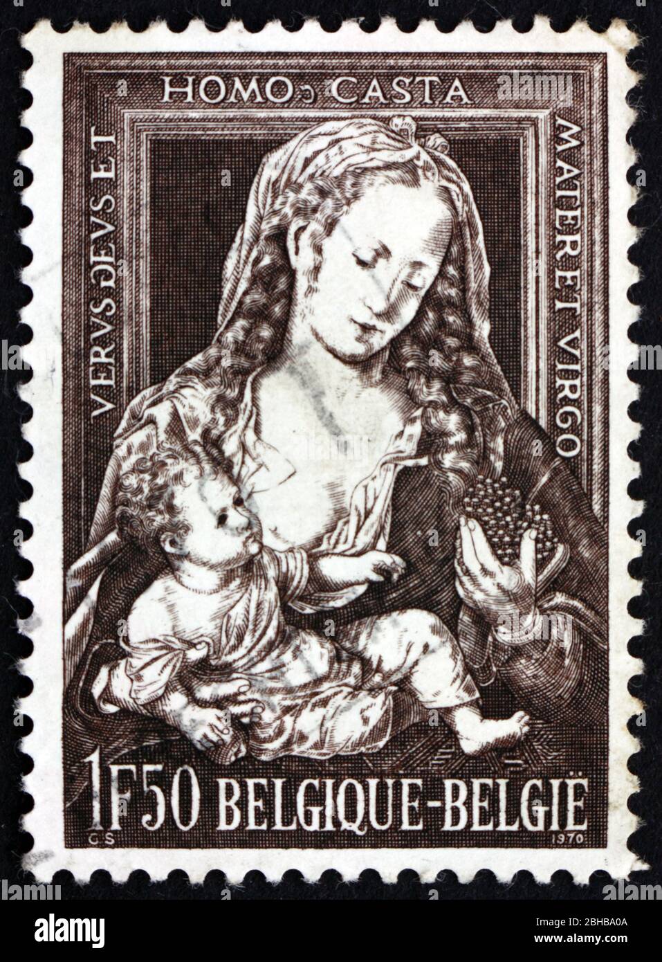 BELGIQUE - VERS 1970 : un timbre imprimé en Belgique montre Madonna avec les raisins, peinture de Jean Gossaert, Noël, vers 1970 Banque D'Images