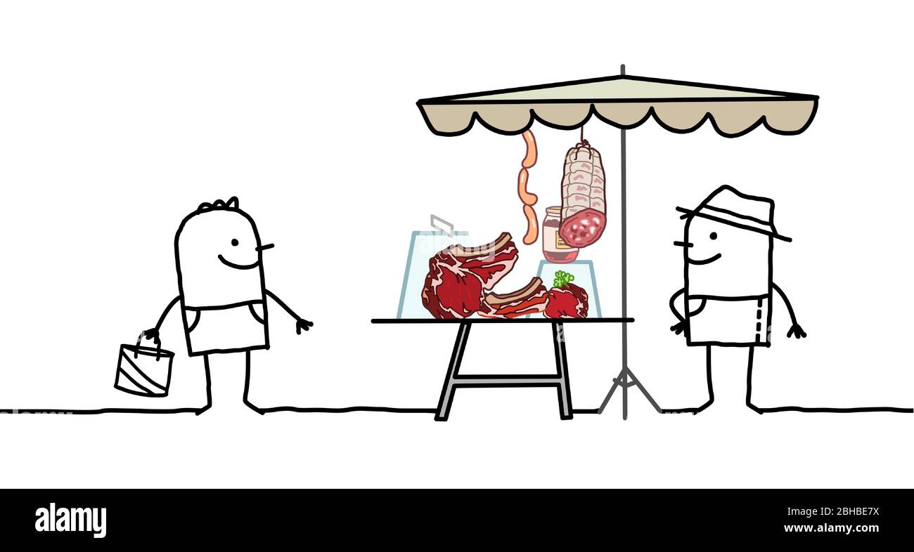 Producteur de dessin à la main de Carion vendant de la viande biologique dans un magasin de marché Illustration de Vecteur