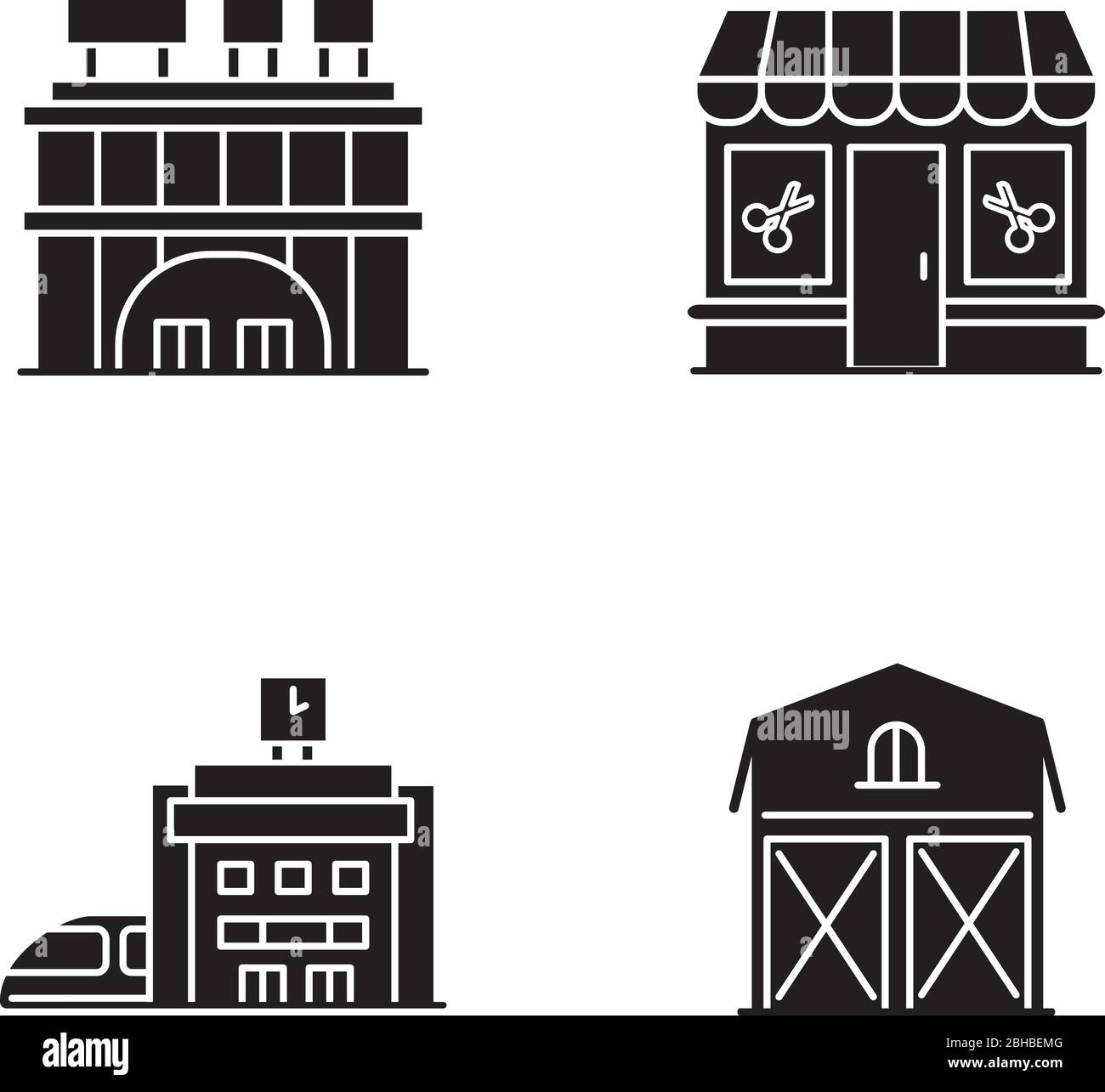 Les icônes de glyphe noir de bâtiments se définissent sur l'espace blanc Illustration de Vecteur
