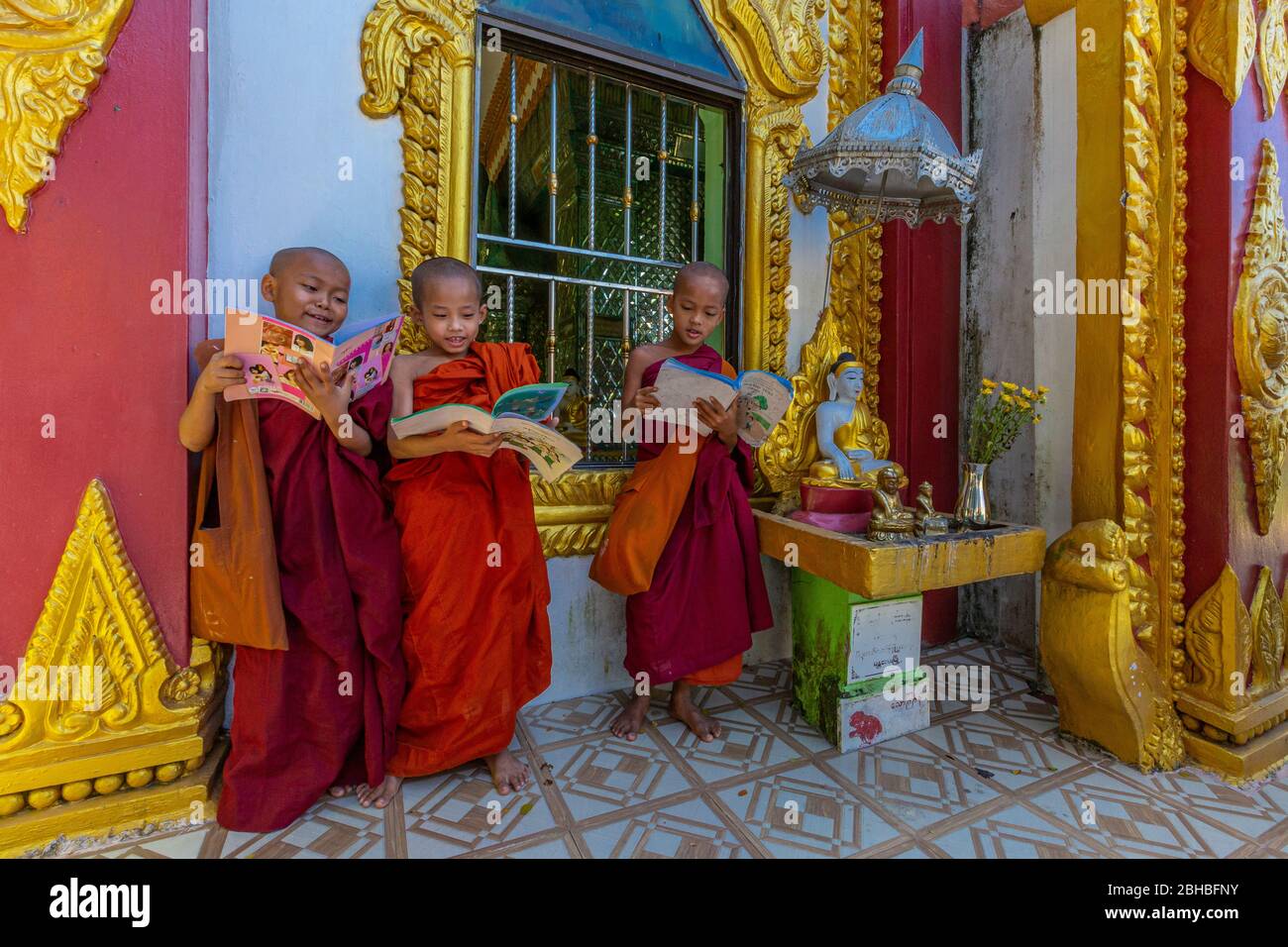 Jeunes novices bouddhistes de moine pendant la pause de classe, la lecture de magazines et de livres Banque D'Images