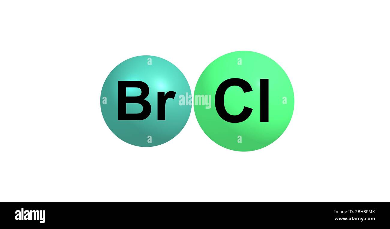 Le monochlorure de brome ou le bromochlorure est un composé inorganique interhalogène dont la formule chimique est BrCl. illustration tridimensionnelle Banque D'Images