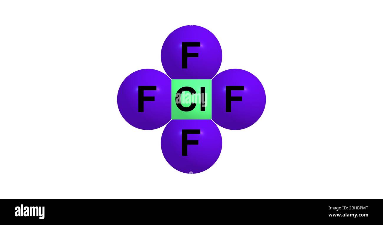 Le pentafluorure de chlore est un composé interhalogène dont la formule est le ClF5. Ce gaz incolore est un oxydant fort. La molécule adopte un pyramidale carré Banque D'Images